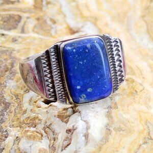 Vtg 900 Coin Silver Ring W/ Blue Lapis Lazuli Size 12 Unisex Mens